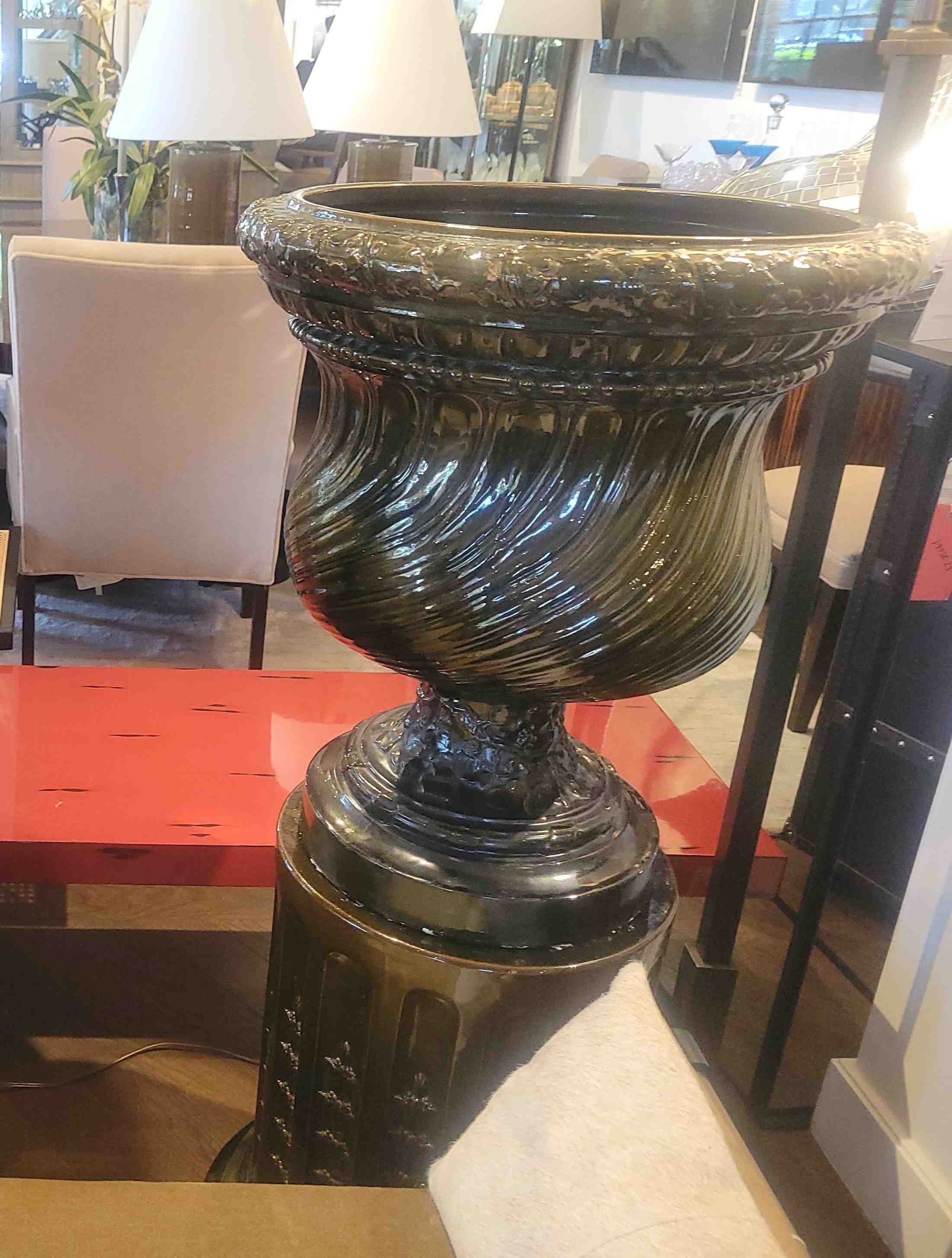 Vintage Dark Green Glazed Clay Urn on Pedestal from NY Armory