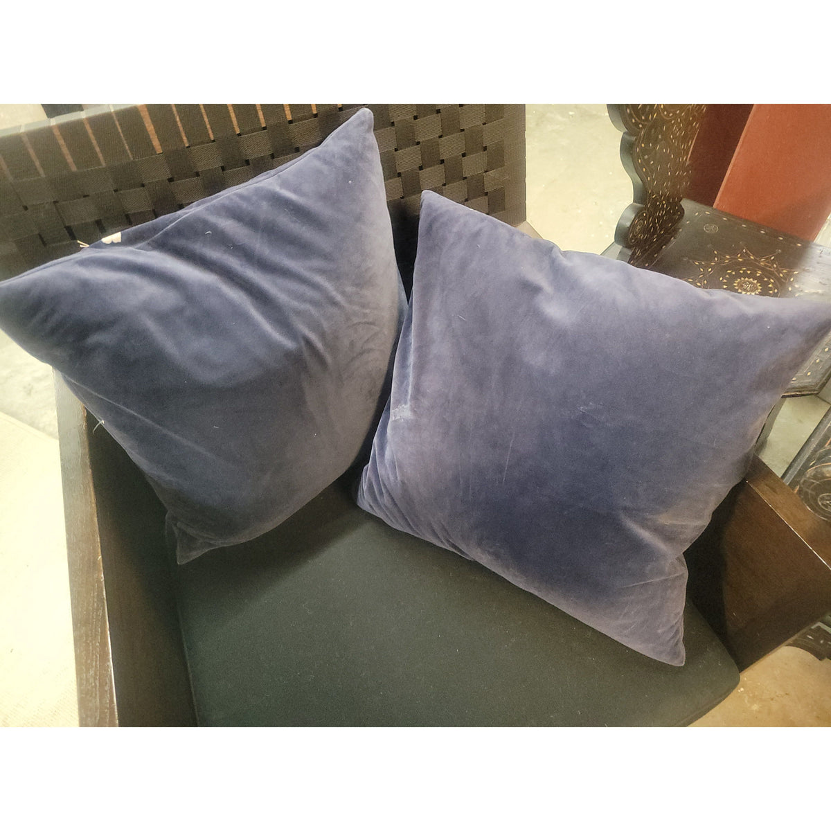 PAIR of Navy Buttercup Flower Print Pillows by Yves Delorme - colletteconsignment.com