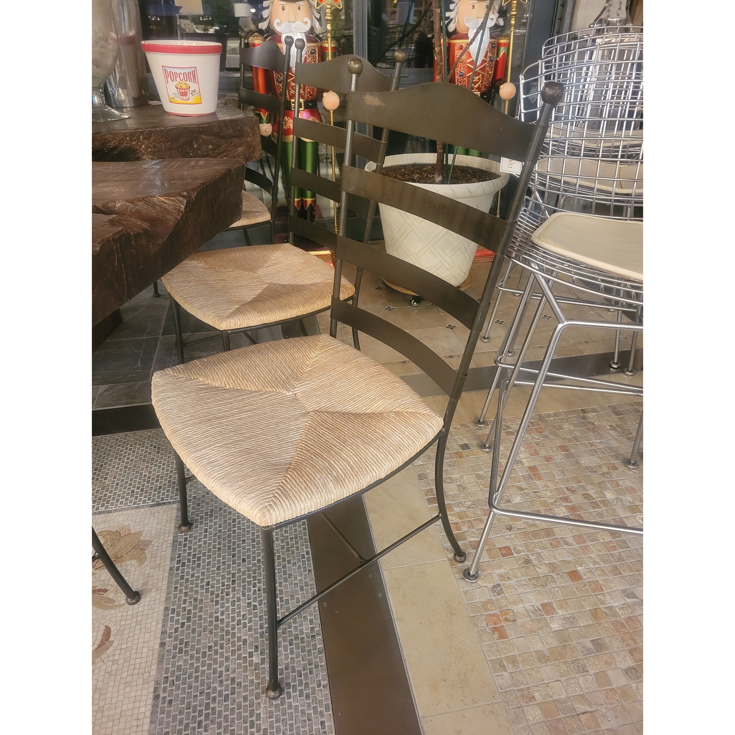 SET of 4 Vintage Hitchcock Style Iron Dining Chairs w/ Rush Seats