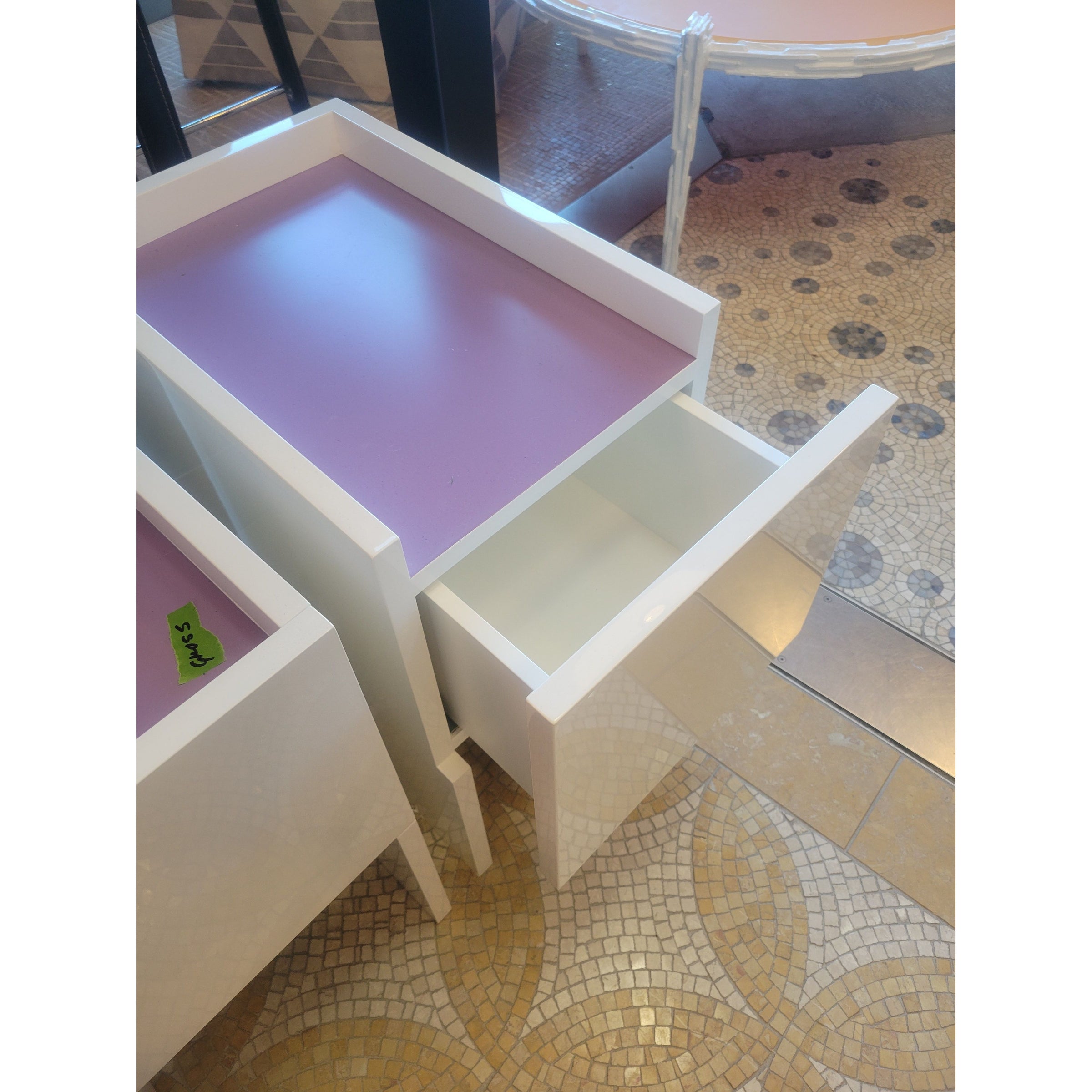 PAIR of White & Purple Lacquer 1-Drawer Side Tables