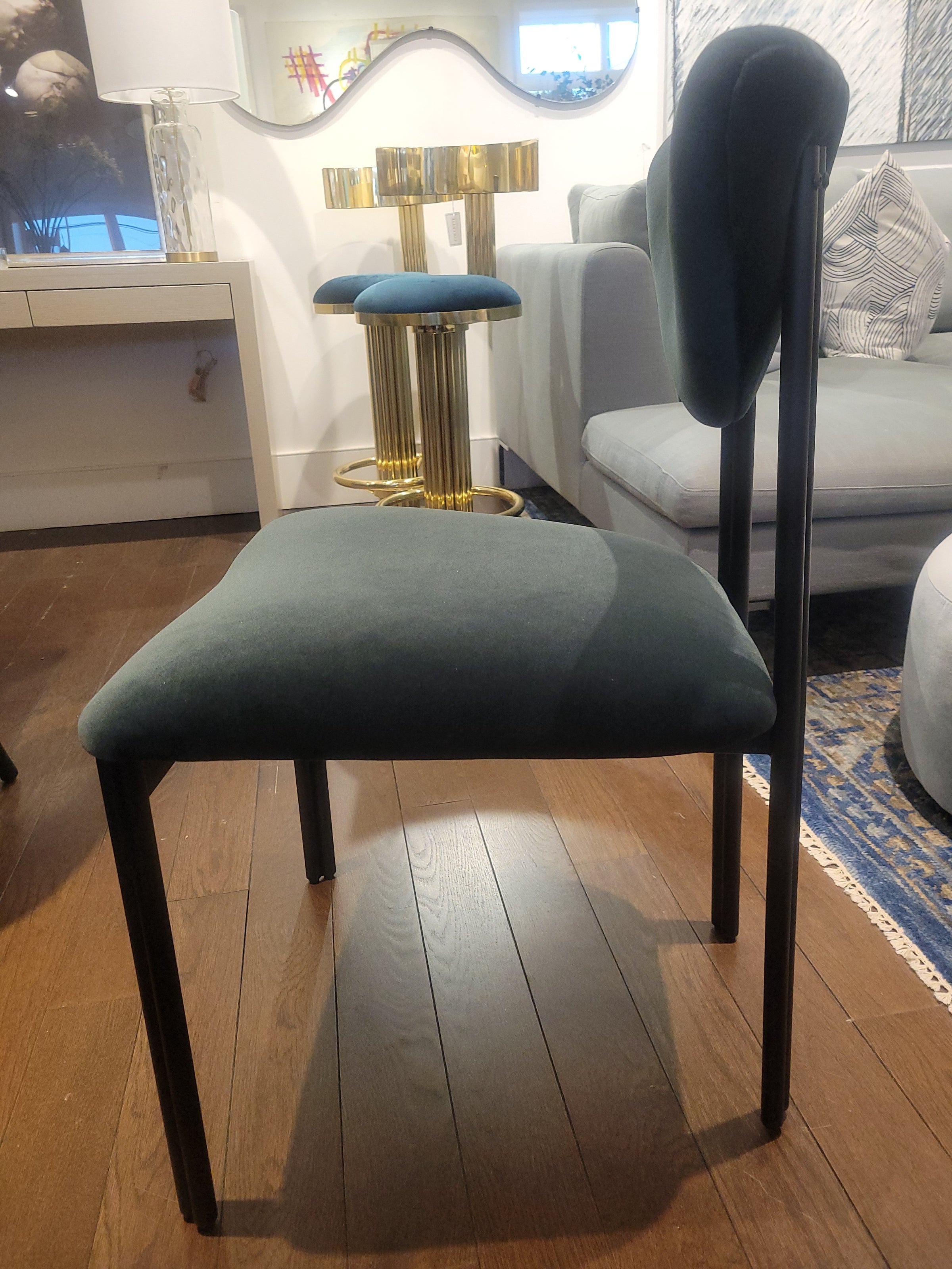Custom Dark Green Performance Velvet Chairs w/ Black Steel Legs
