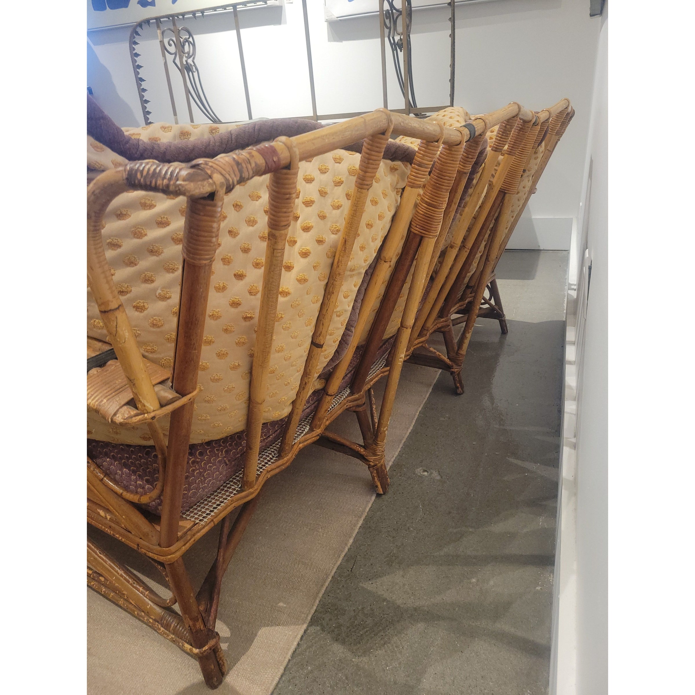 Antique Rattan Sofa w/ Bench Cushion & Pillows (AS IS) - colletteconsignment.com