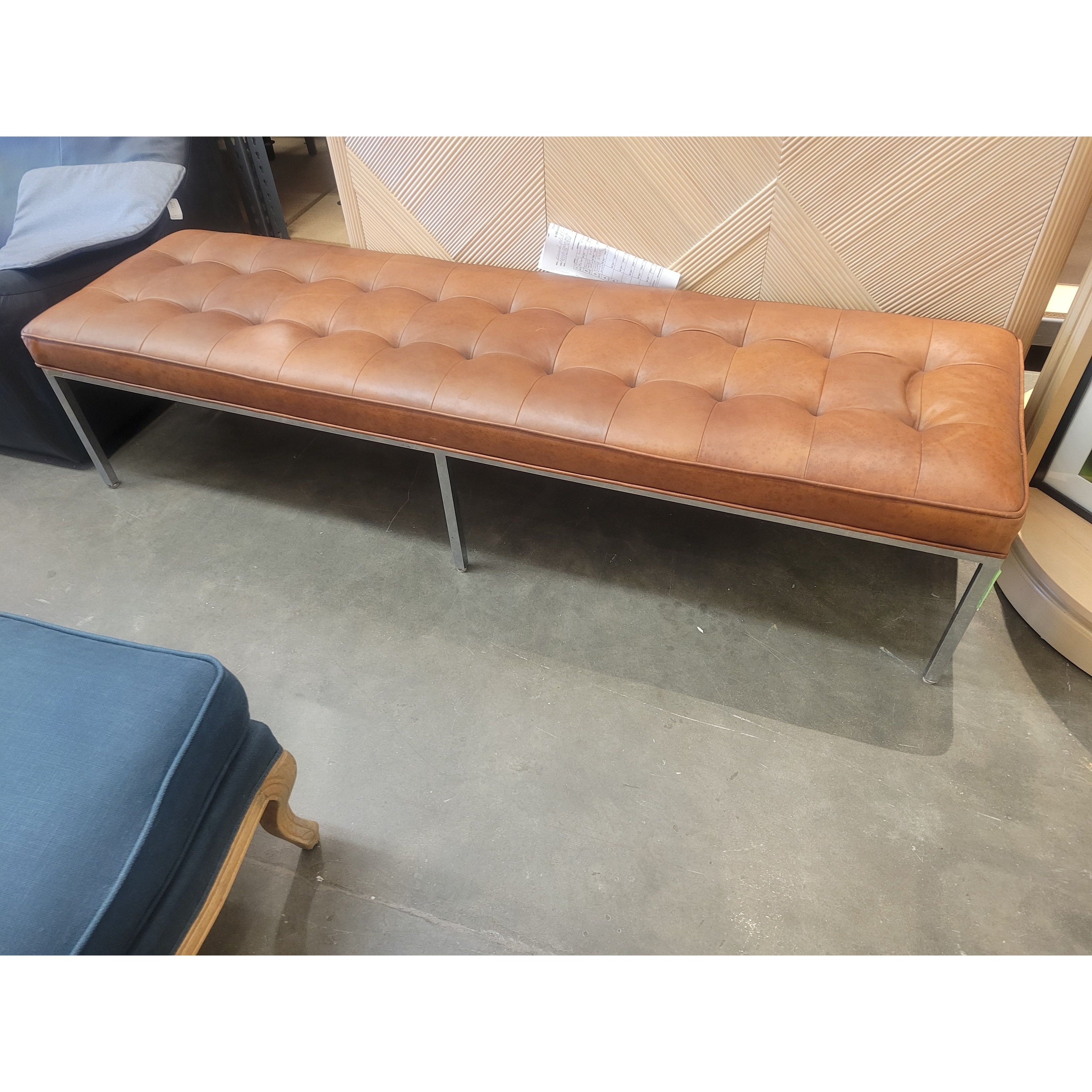 Florence Knoll Style Brown Leather & Chrome Bench by Mueller - AS IS