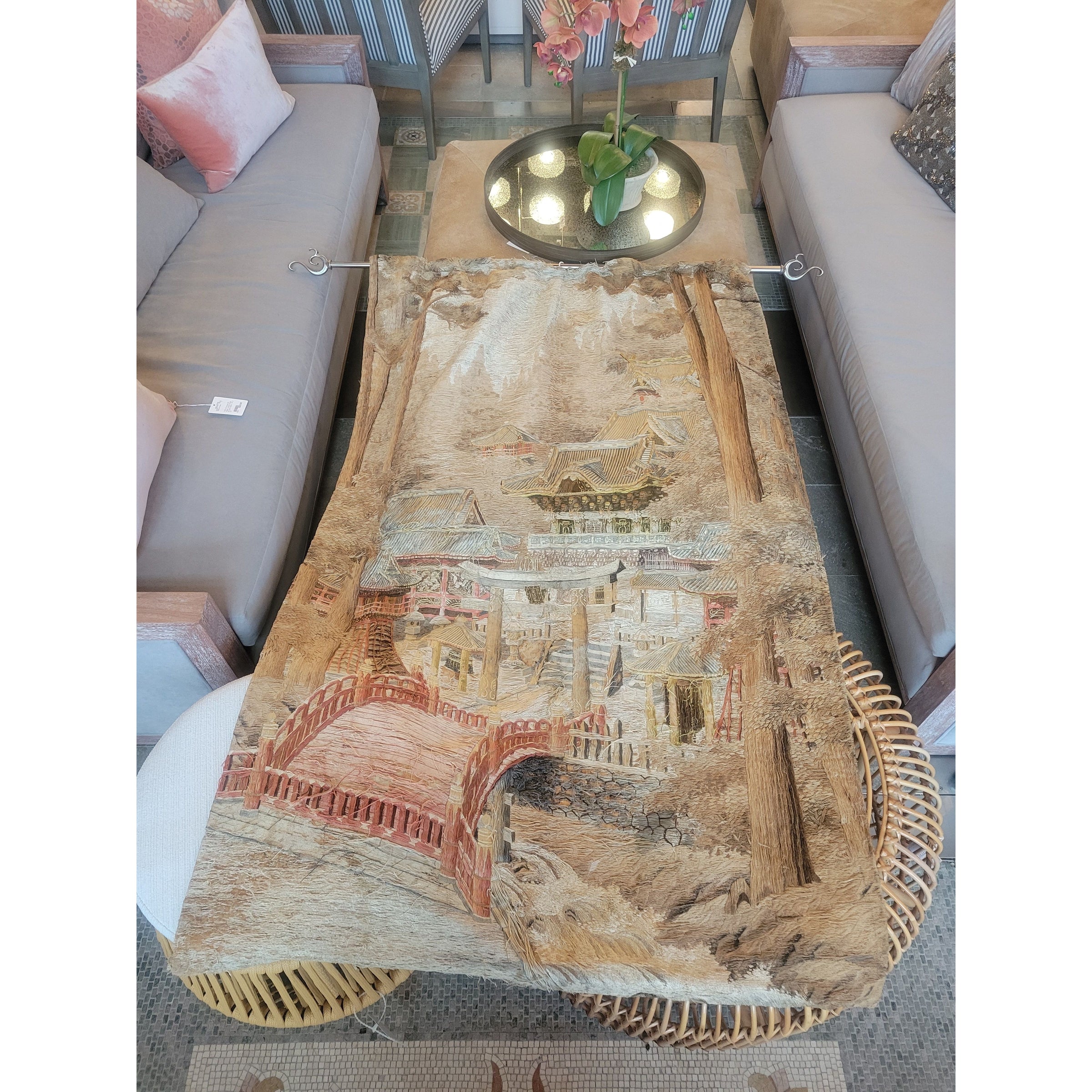 Antique Silk Thread Wall Tapestry w/ Metal Bar