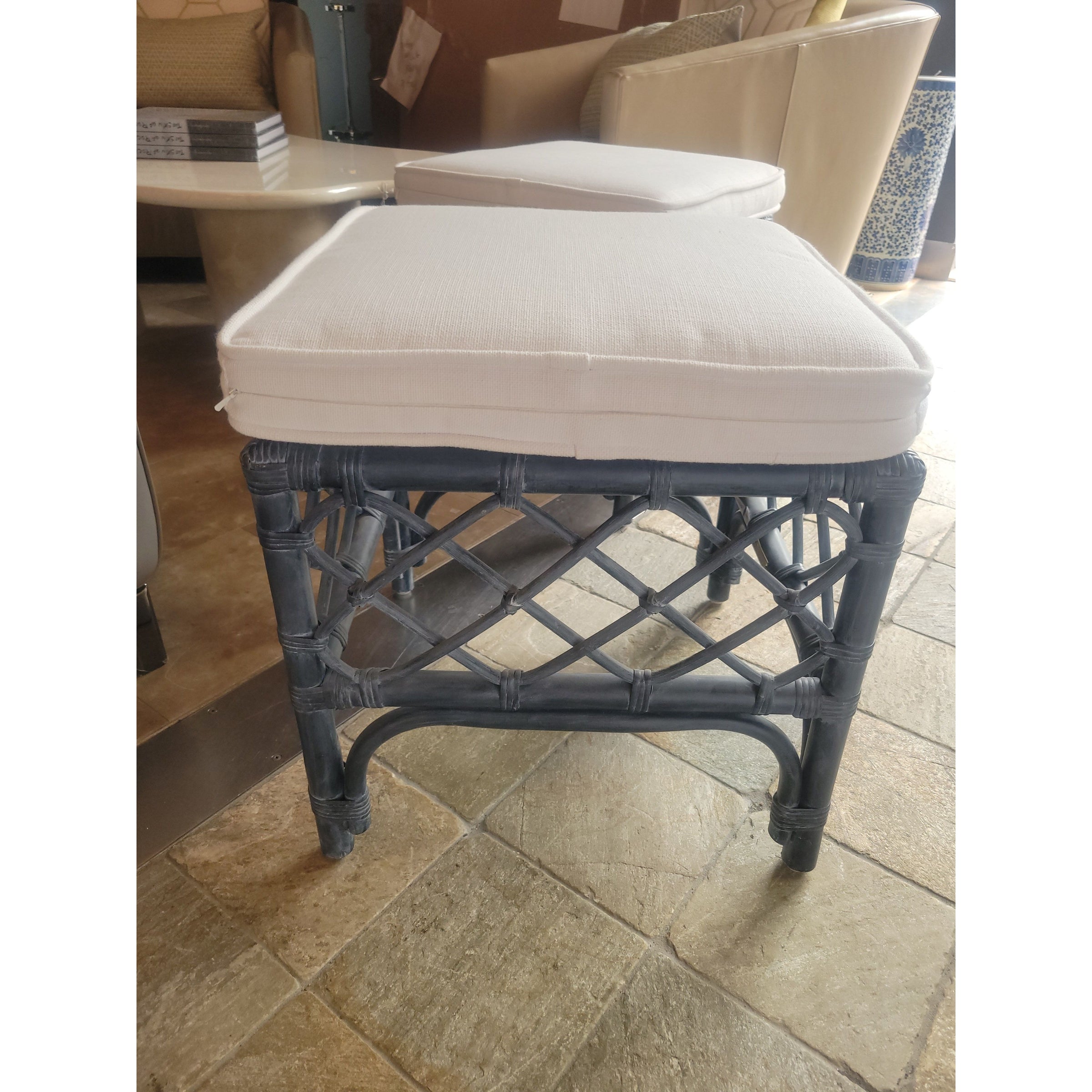 Blue Gray Lattice Rattan Avalon Cube Stool w/ White Cushion by S&L