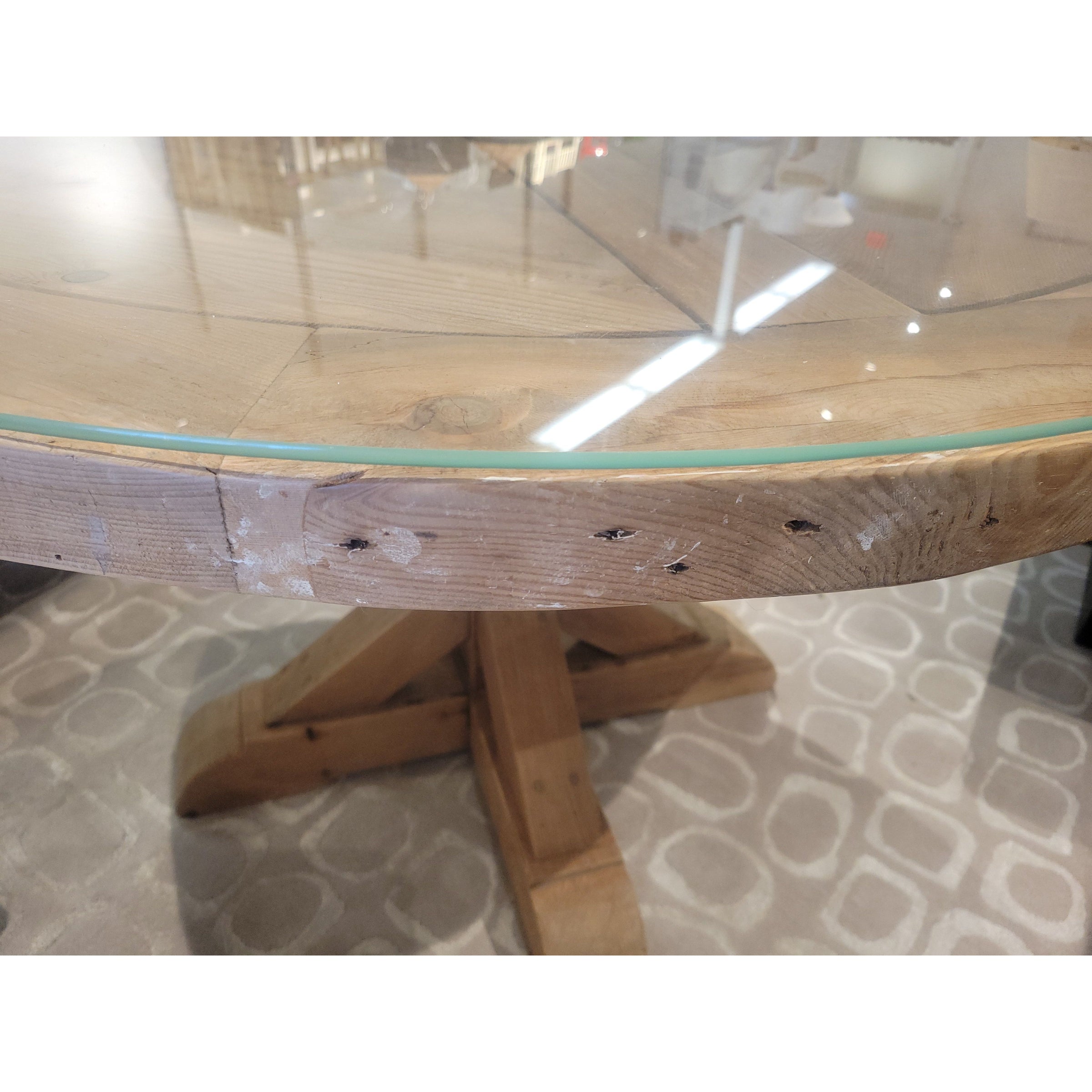 4-ft Round Wood Trestle Dining Table w/ Glass Top - AS IS