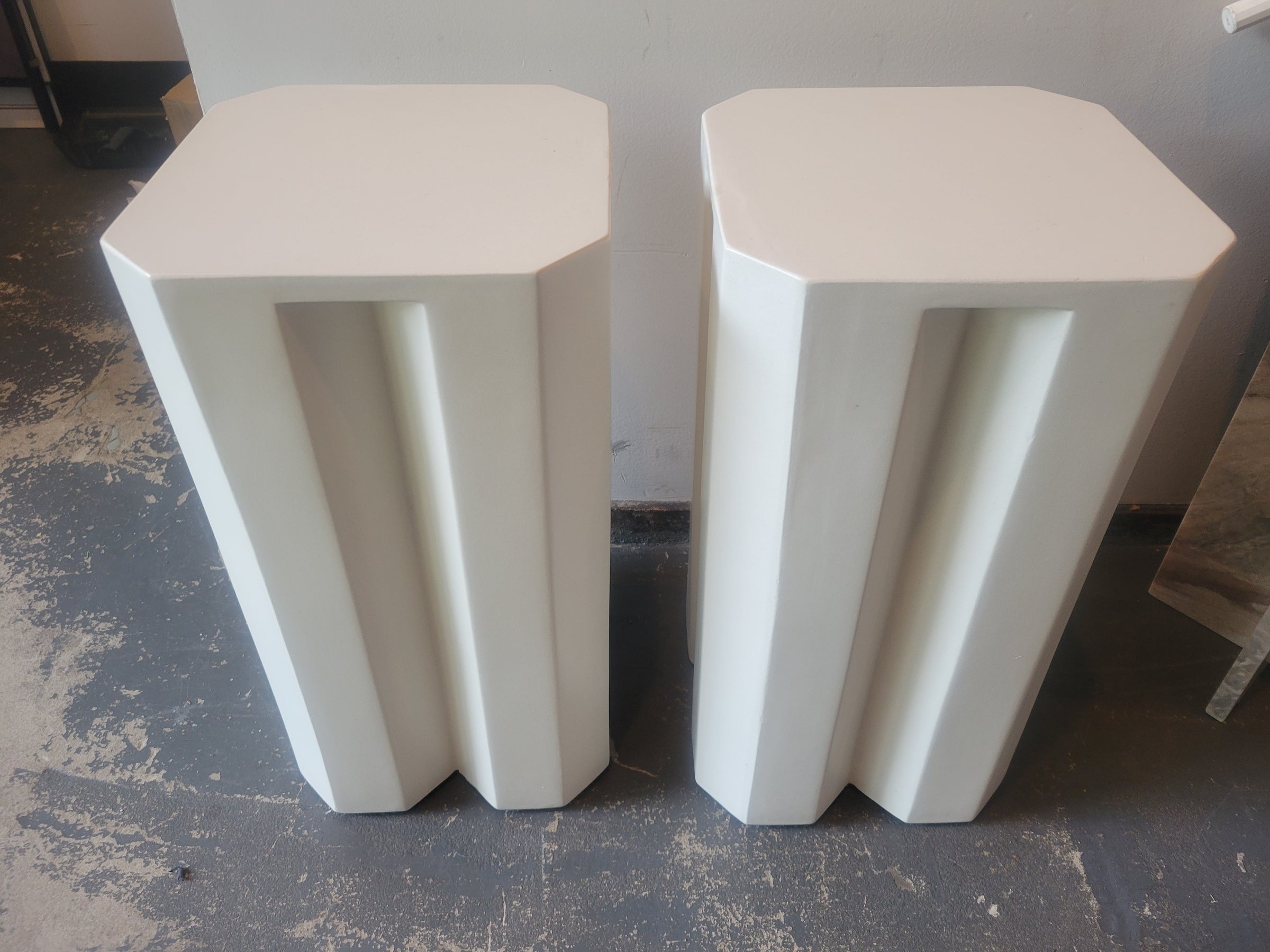 PAIR of Geometric White Cement Side Tables