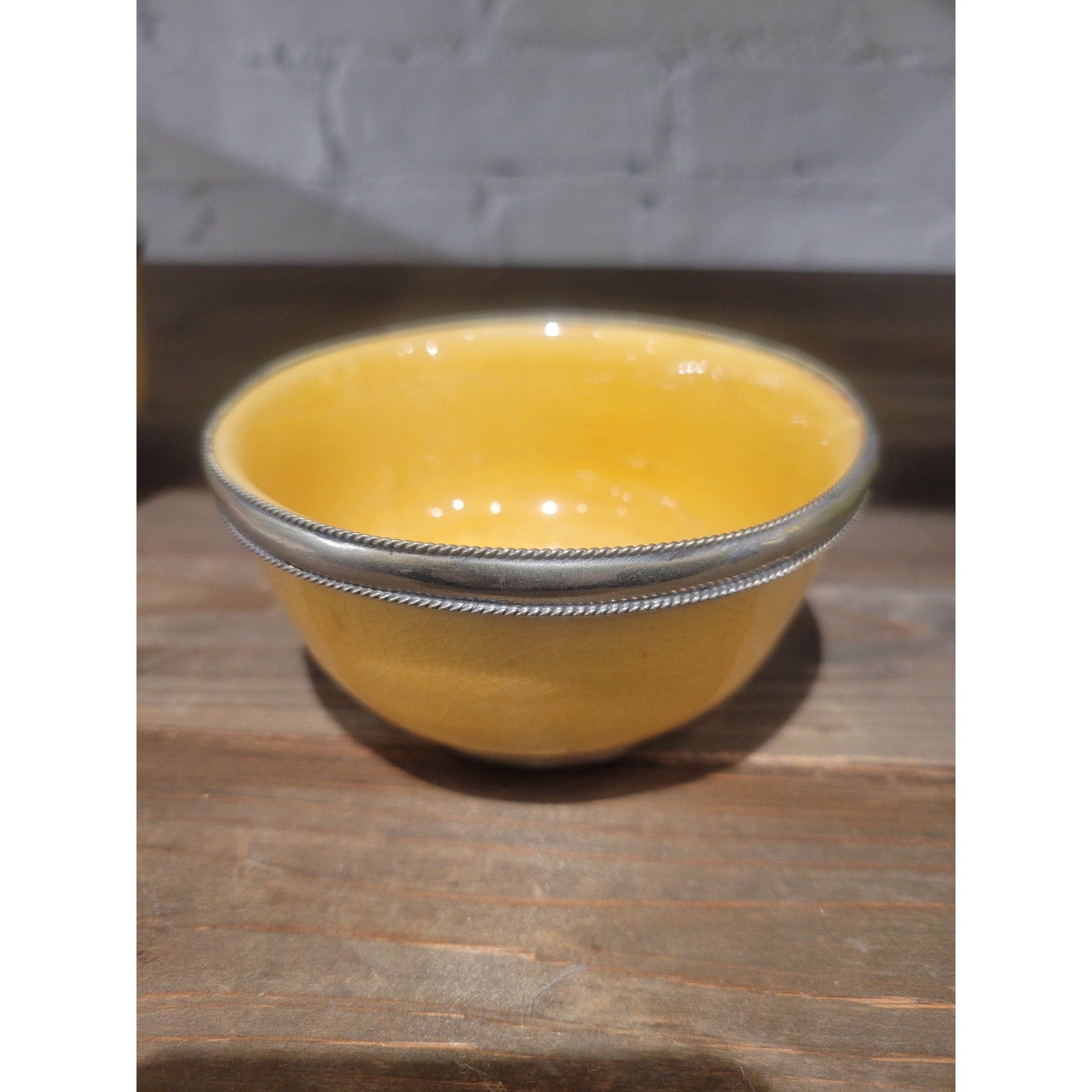 SET of 3 Yellow & Green Ceramic Bowls w/ Metal Trim