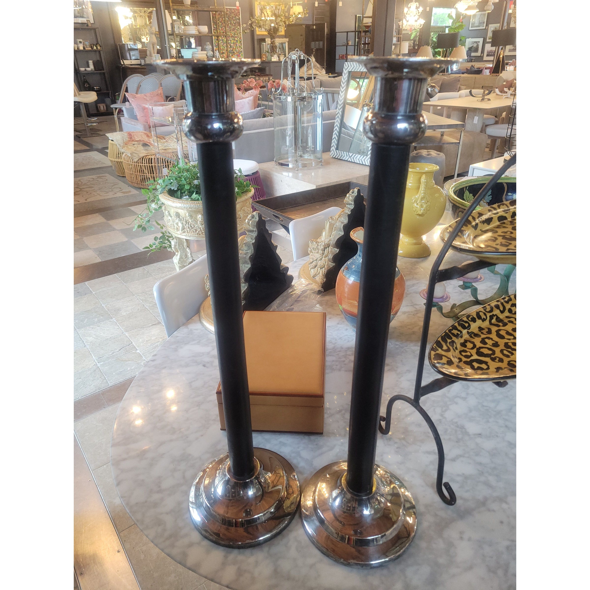 PAIR of English Silver Plate & Leather Candlesticks by Kenneth Turner