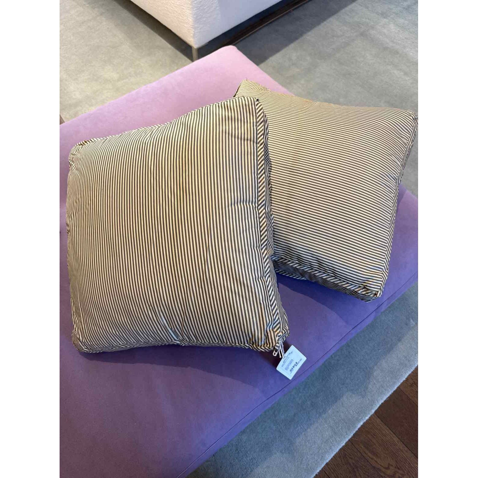 Pair of Gray Ticking Stripe Silk Pillows by The Silk Trading Co.