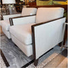 PAIR of Custom Beige Textured Linen Club Chairs w/ Dark Wood Frame