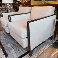 PAIR of Custom Beige Textured Linen Club Chairs w/ Dark Wood Frame