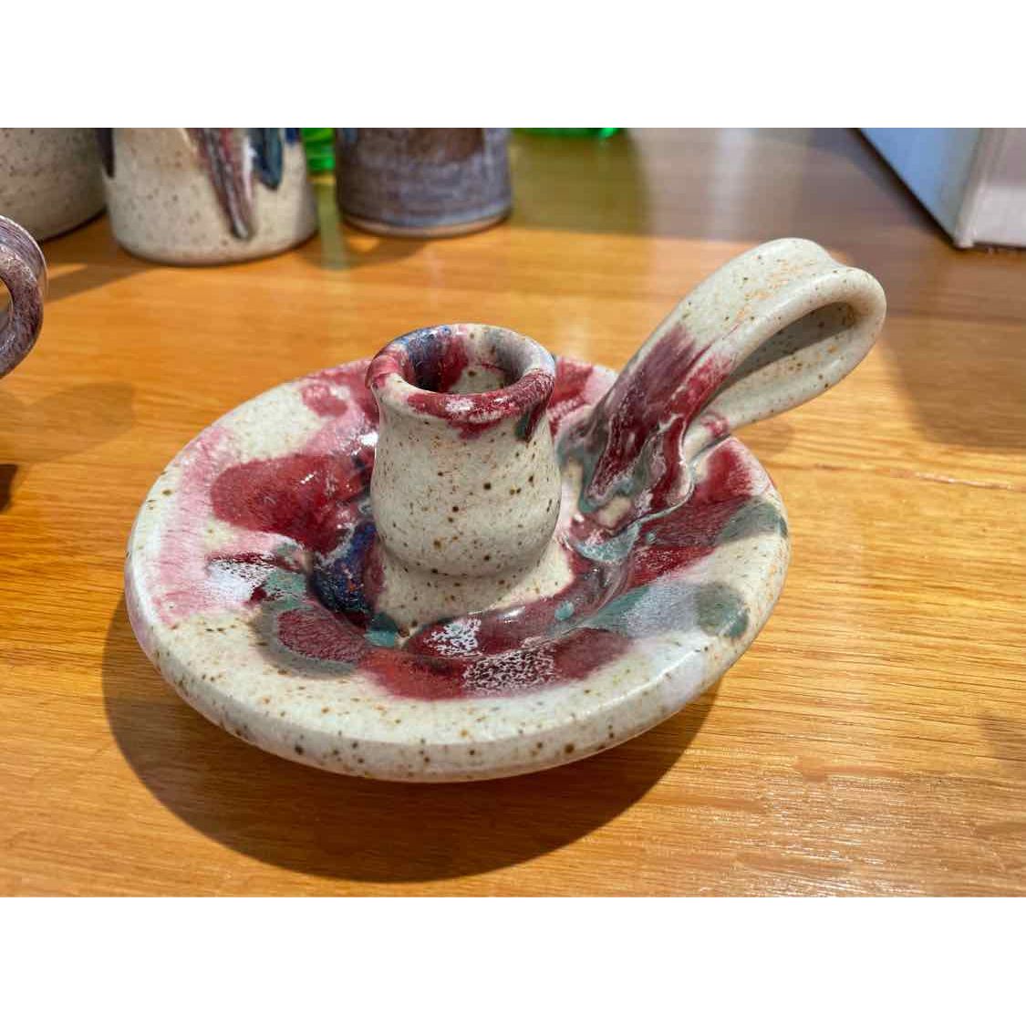 Red Painted Pottery Candlestick Holder - colletteconsignment.com