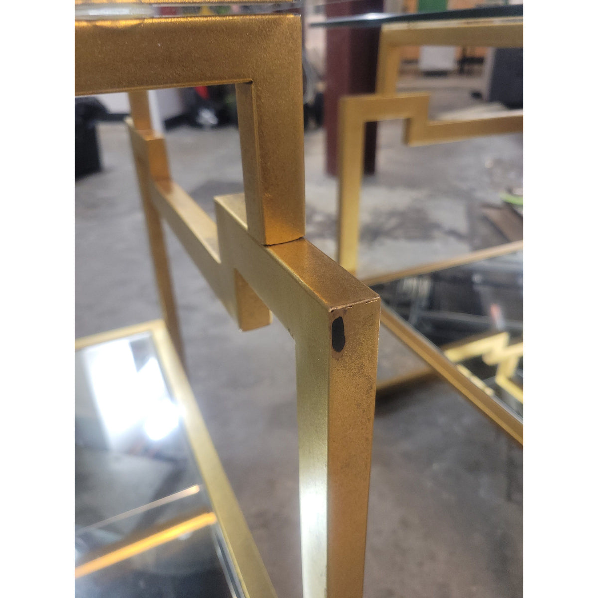 PAIR of Glasstop Goldleaf Tables w/ Mirror Shelf by V&H - AS IS