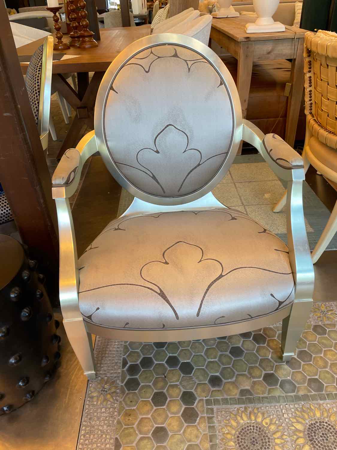 Silver & Brown Leather Oval Arm Chair by John Hutton for Donghia w/ Pillow