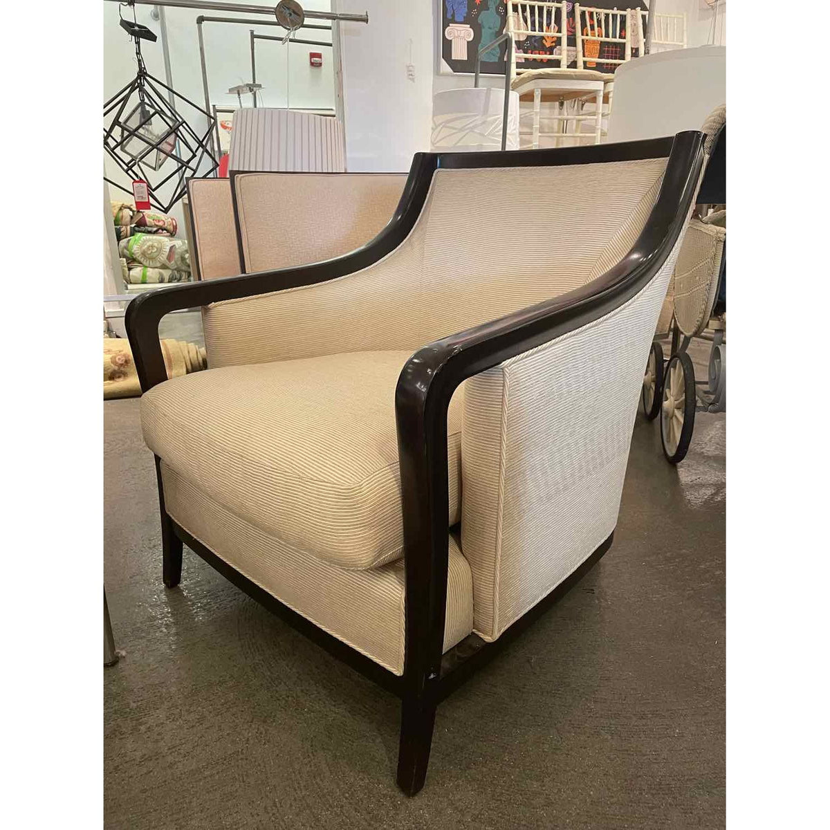 Beige Upholstered Salon Lounge Chair on Walnut Base by Baker (AS IS) - colletteconsignment.com