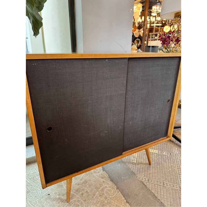 3-ft Mid-Century Maple Cabinet w/ Sliding Grasscloth Doors by Paul McCobb