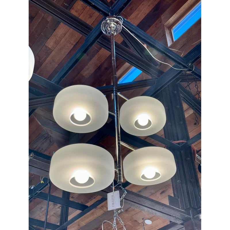 Chrome Pendant Chandelier w/ 4 Rounded Glass Disks on Adjustable Arms