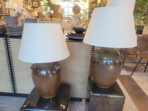 PAIR of Brown Barton Vase Table Lamps by Vaughan w/ Shades