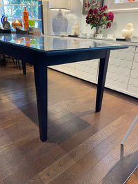 Antique Black Wood Slat Dining Table w/ Drawer & Glass Top