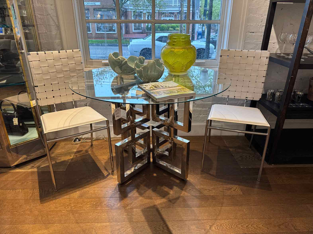 Pair of Faux Leather Woven Back Chair in White with/ Chrome Steel Frame 17"W x 2