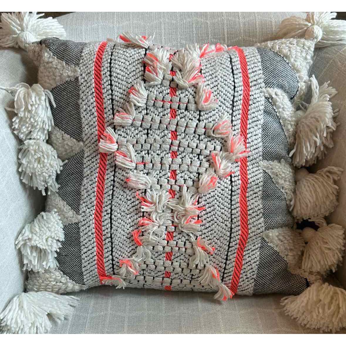 Square Grey & Neon orange Pillow with Tassels