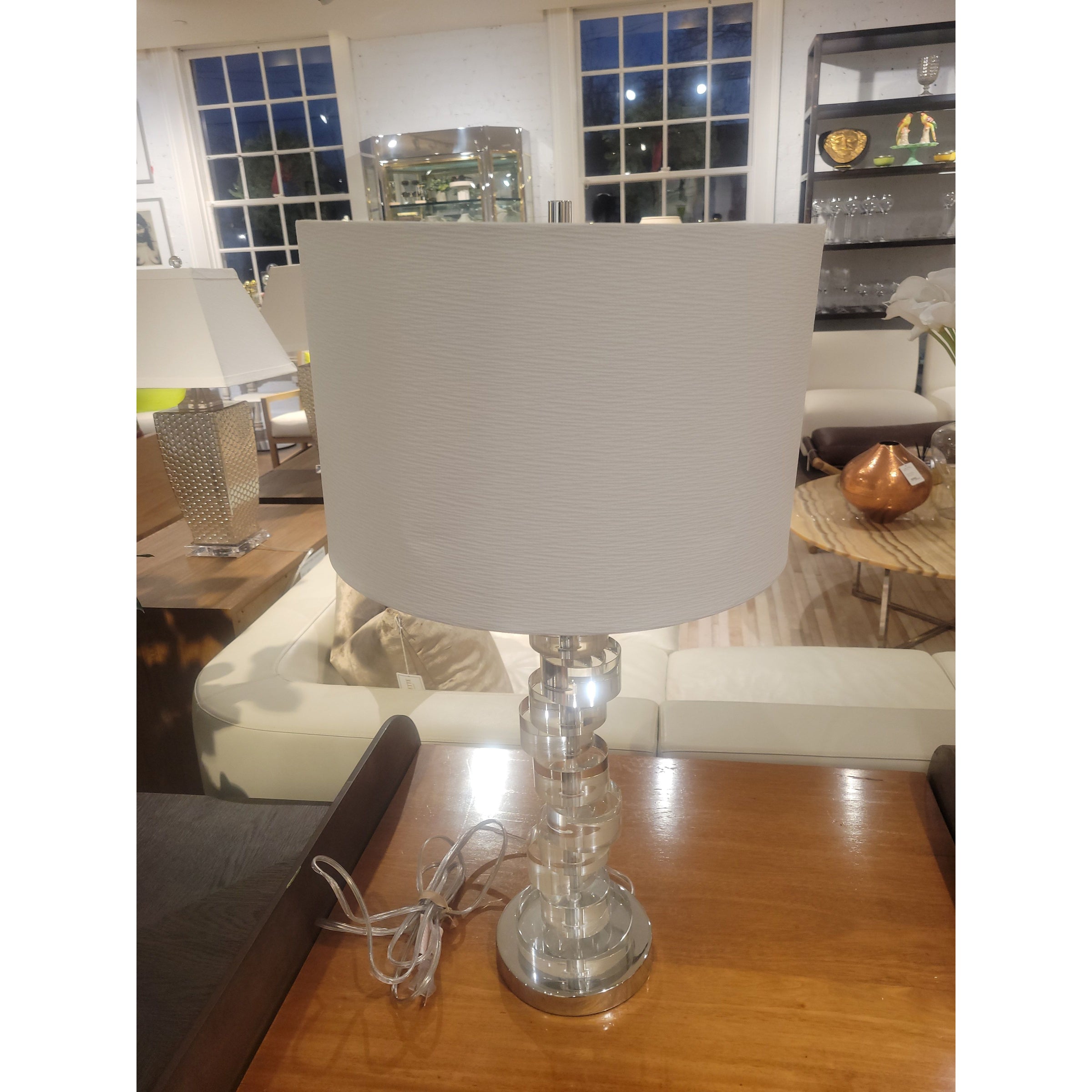 Crankshaft Style Stacked Acrylic & Chrome Table Lamp w/ Shade - colletteconsignment.com