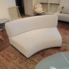 Custom Armless Curved Sofa in Off-White Boucle w/ Dark Wood Base