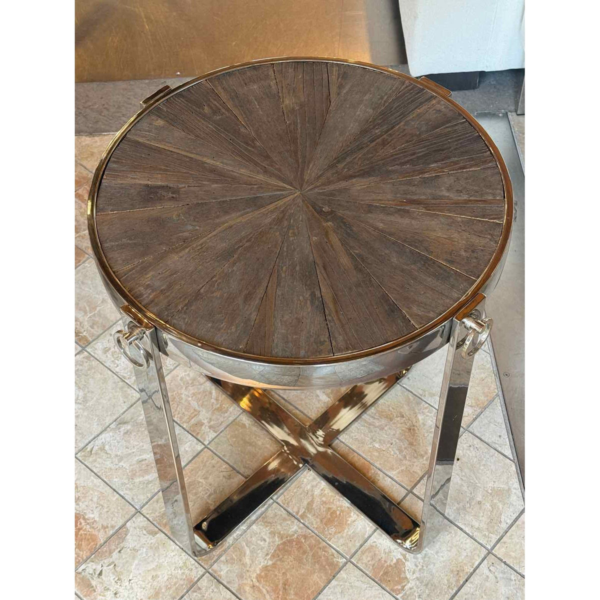 Round Wood & Chrome Side Table