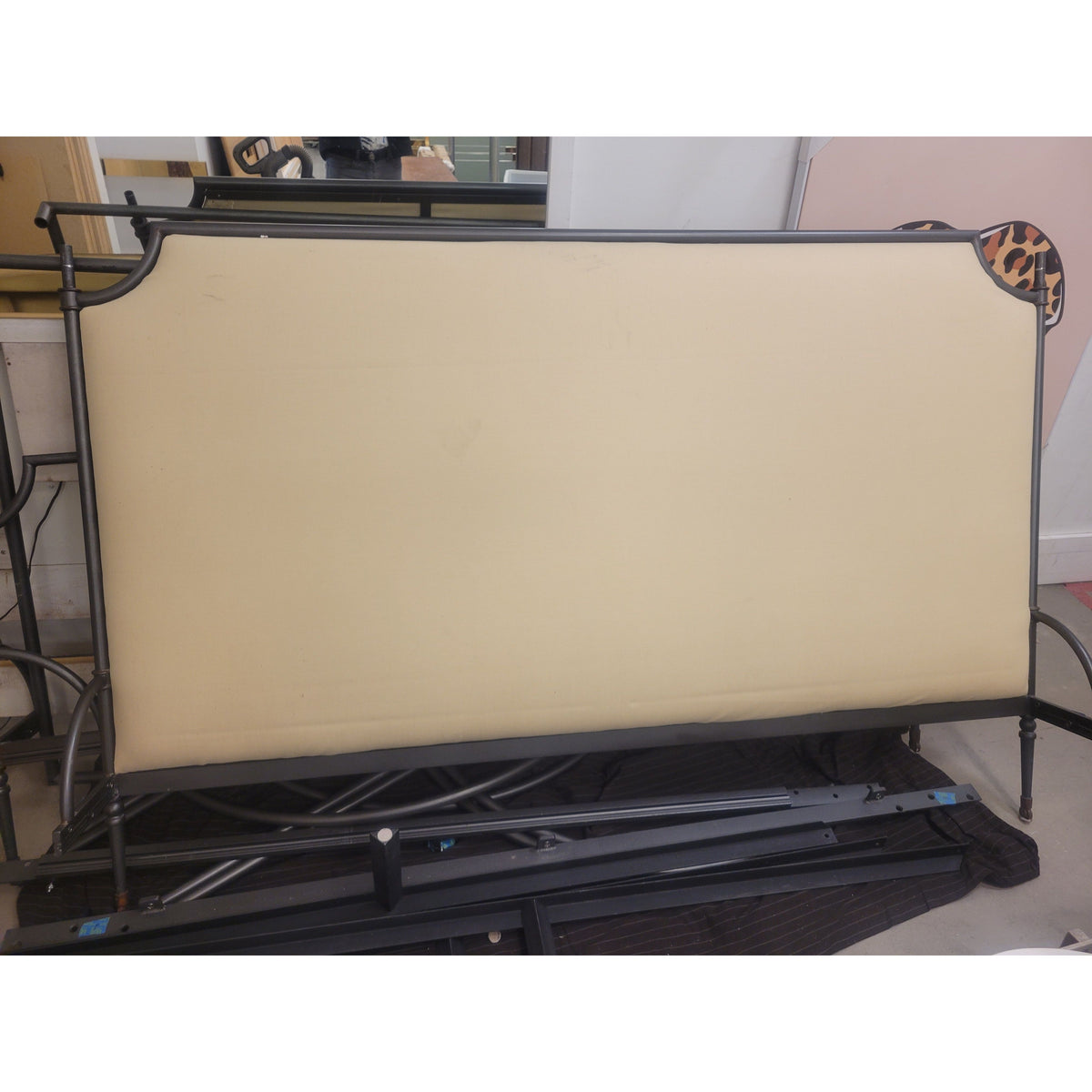 King-Sized Iron Canopy Bed Frame w/ Upholstered Headboard (AS IS)
