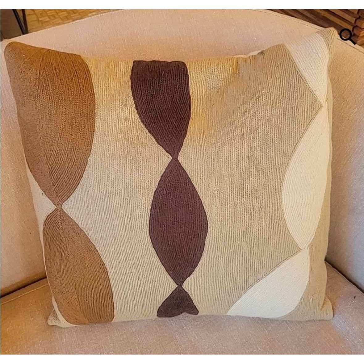 Brown Linen Embroidered Square Pillow by Judy Ross Textiles