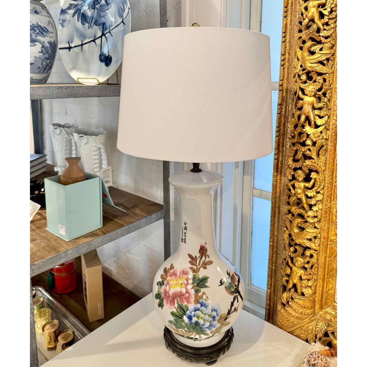 PAIR of Vintage Bird & Floral Motif White China Table Lamps w/ Linen Shades