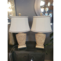 PAIR of Ornate Resin Table Lamps w/ Linen Shades (AS IS)