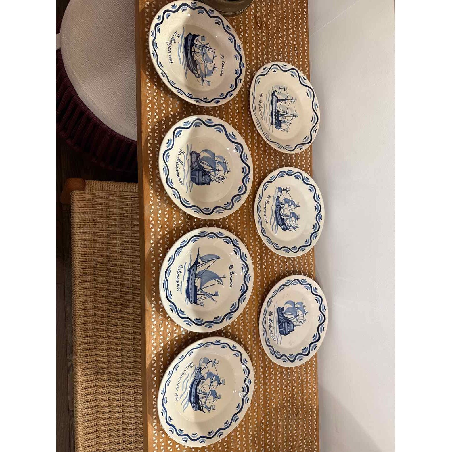 Set of Seven Antique  French Quimper Plates w/ Ships, 9.25" Dia x 4"H