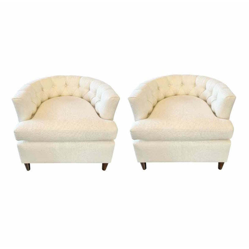 PAIR of Custom Beige Tufted Club Chairs w/ Dark Wood Legs
