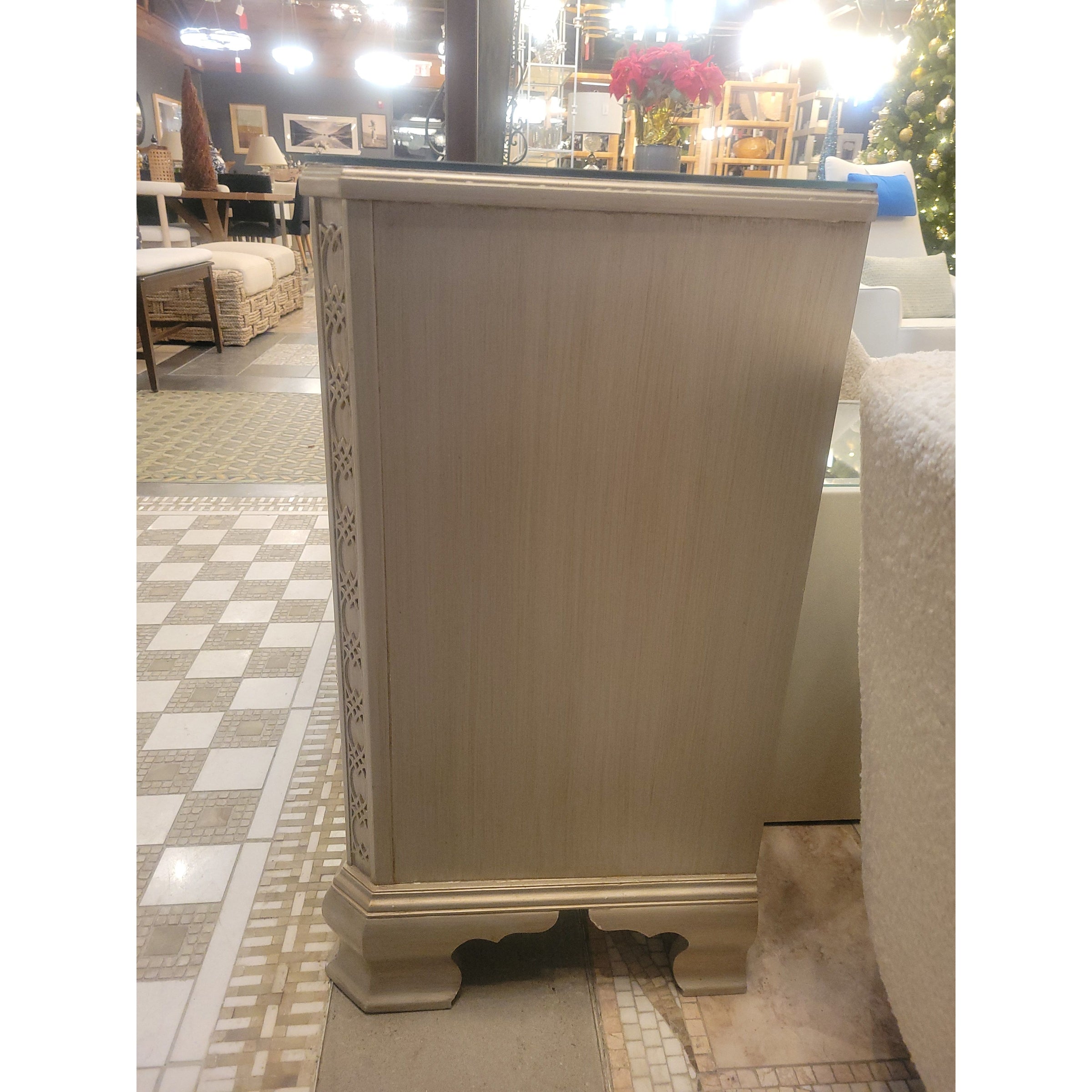 Antique 4-Drawer Platinum Painted Rococo Commode w/ Mirror Glass Top (As Is)