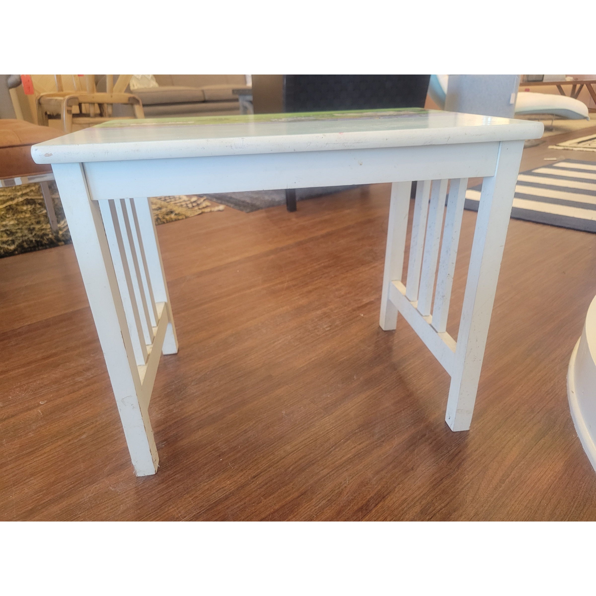 Vintage Hand-Painted Wood Side Table w/ Seaside Cottage Scene (AS IS) - colletteconsignment.com