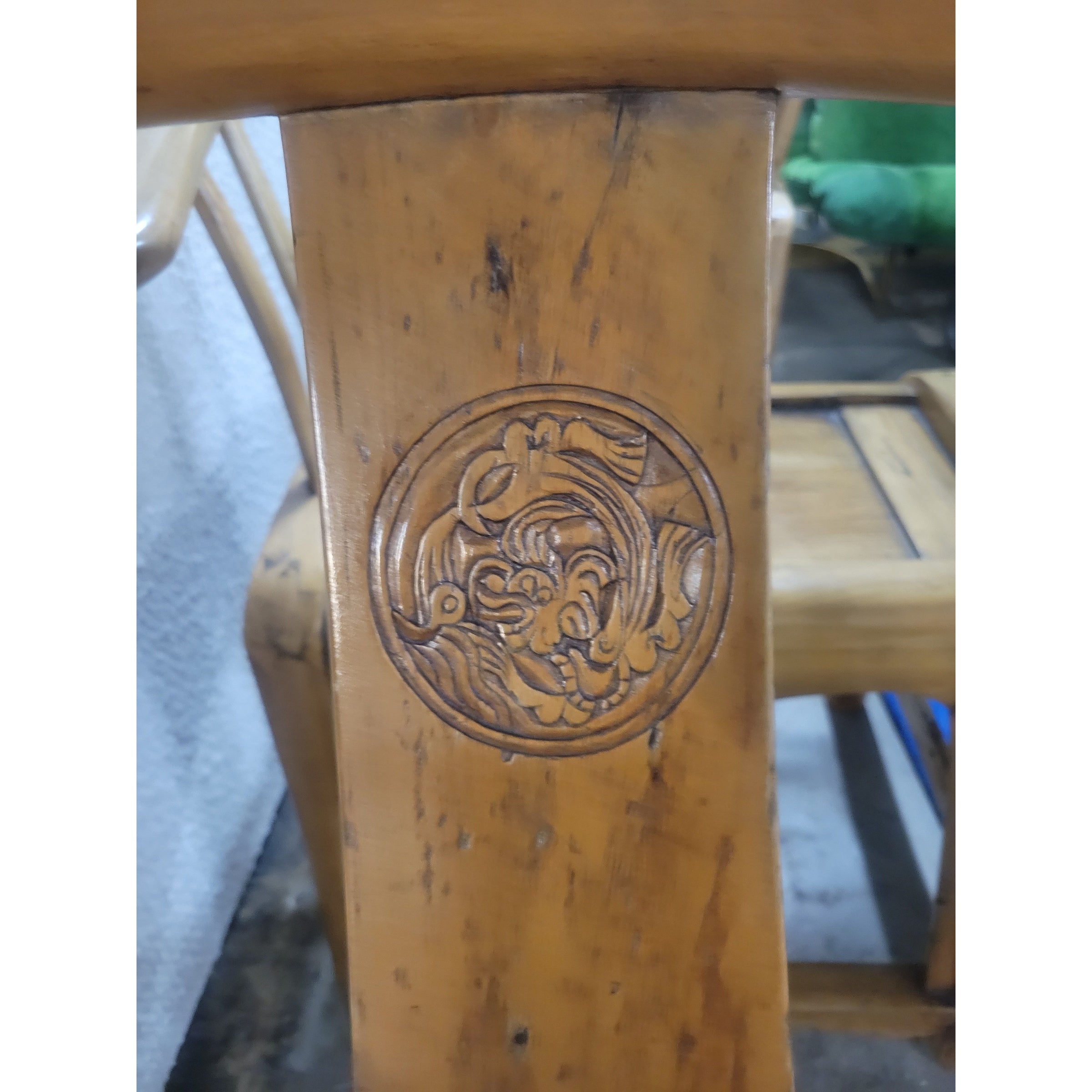 Vintage Ming Style Wood Horseshoe Back Arm Chair w/ Dragon Medallion & Cane Seat