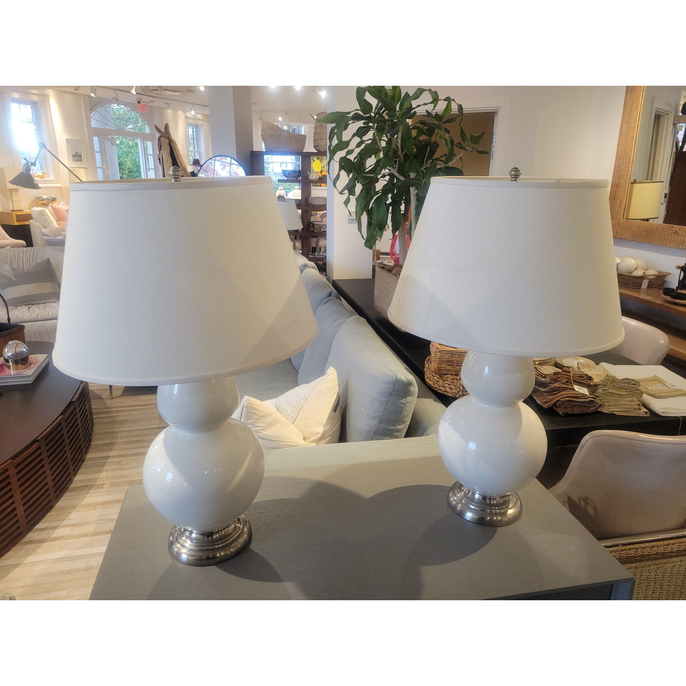 PAIR of White Ceramic Double Gourd Table Lamps w/ Shades
