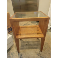 Square Ash Wood Side Table w/ Glass Top & Cane Shelf