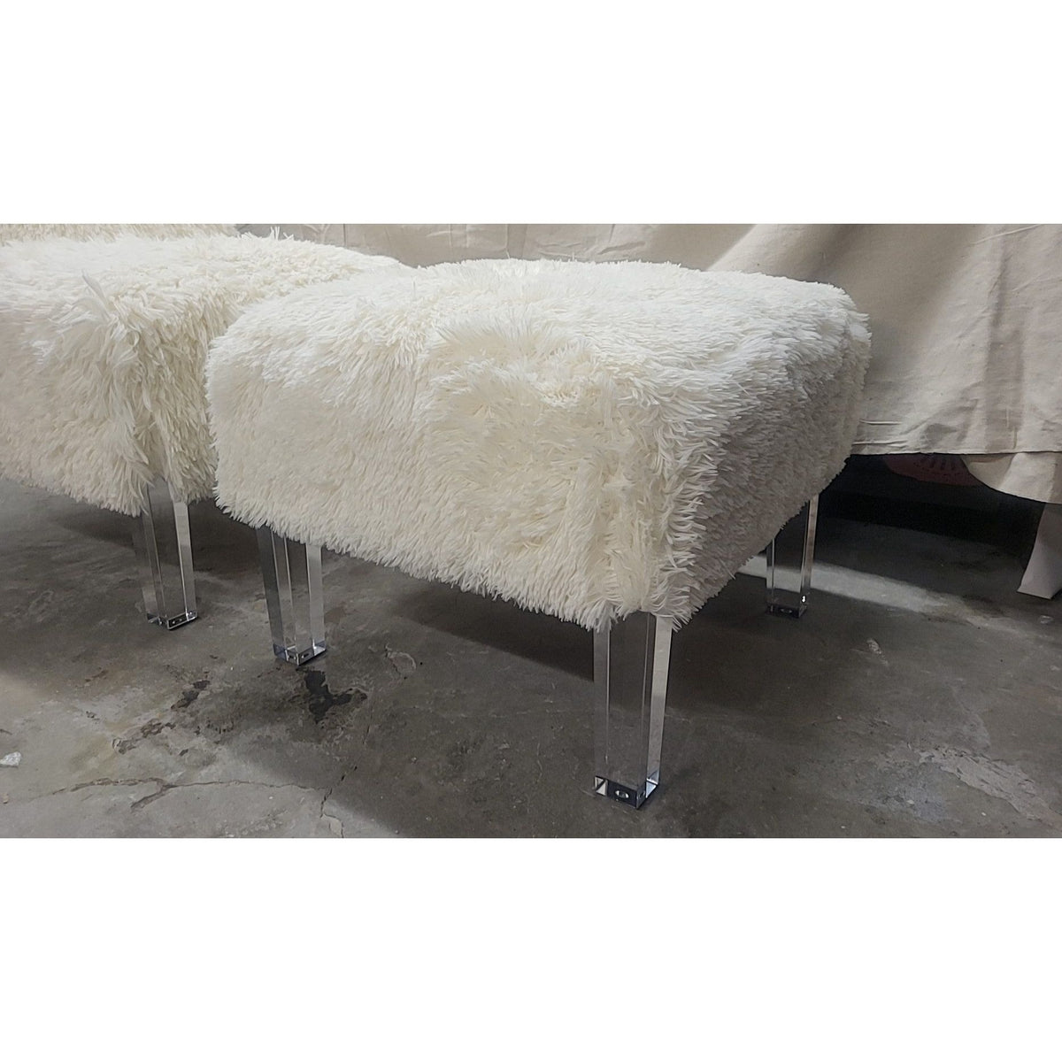 Beige Shag Chair & Ottoman w/ Lucite Legs