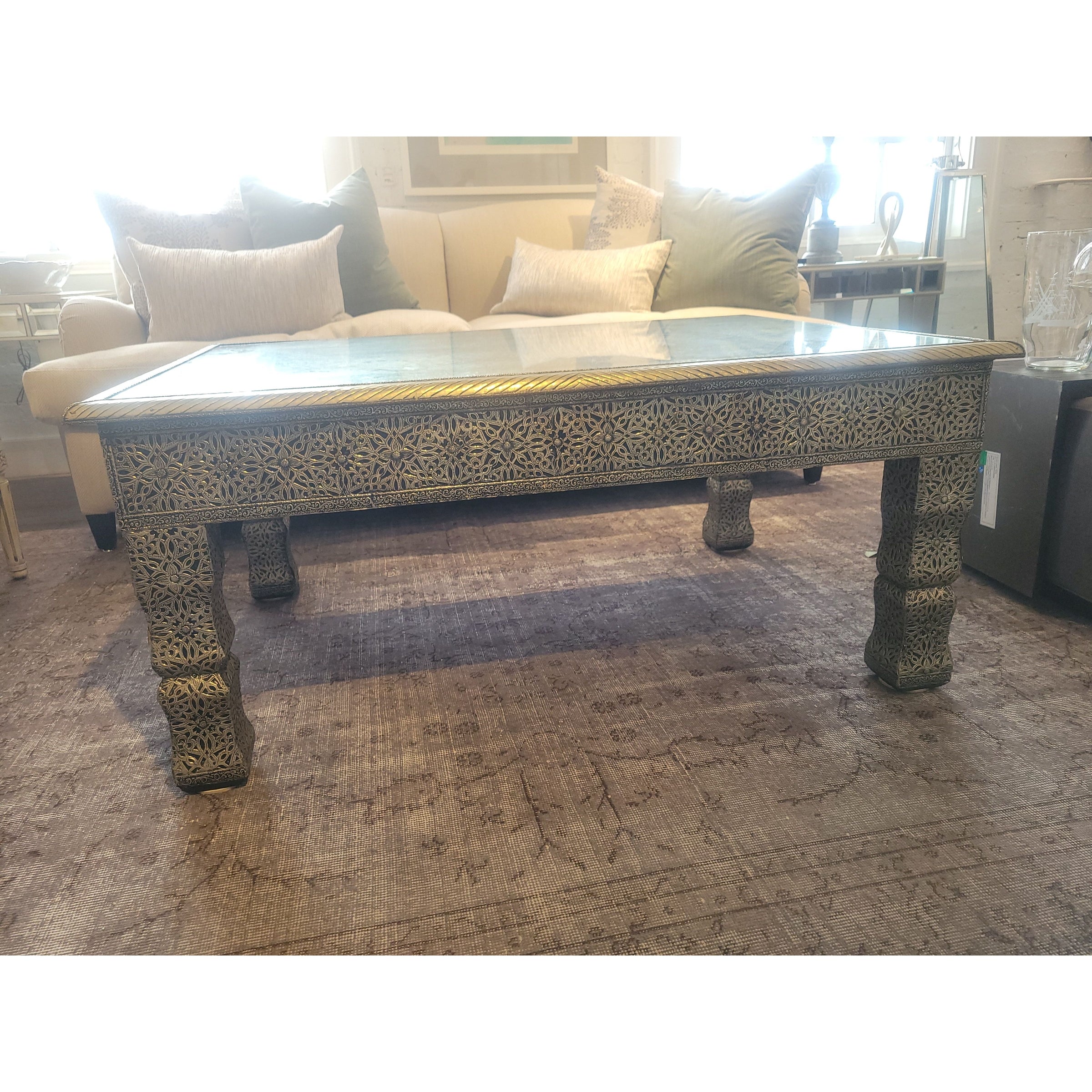 Moroccan Marrakesh Metal Wrapped Coffee Table w/ Glass Top (AS IS)