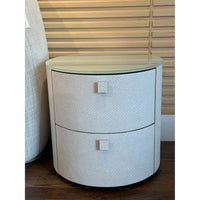 PAIR of GIO III Round White Snakeskin Bedside Tables w/ Milk Glass Top by Artefa