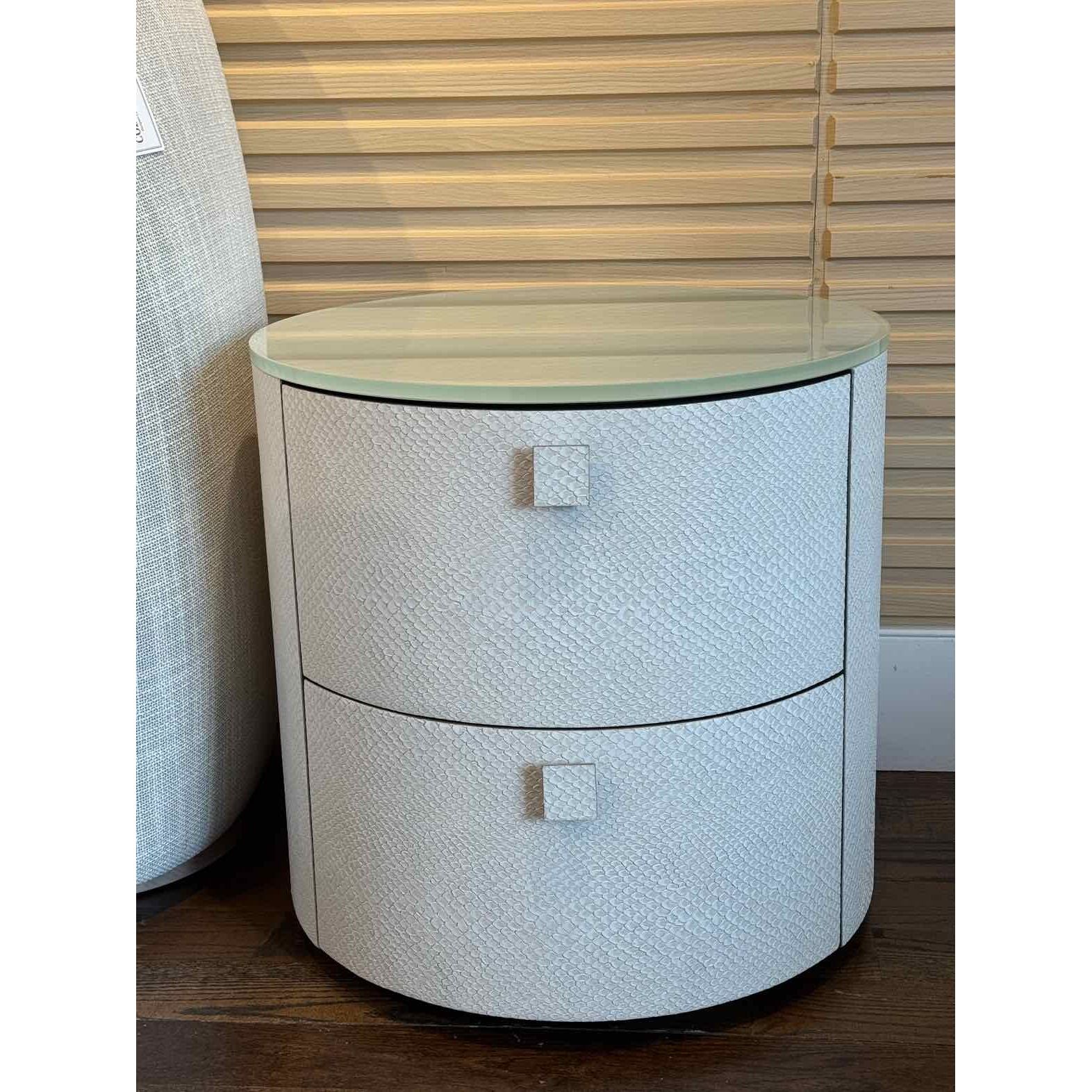 PAIR of GIO III Round White Snakeskin Bedside Tables w/ Milk Glass Top by Artefa