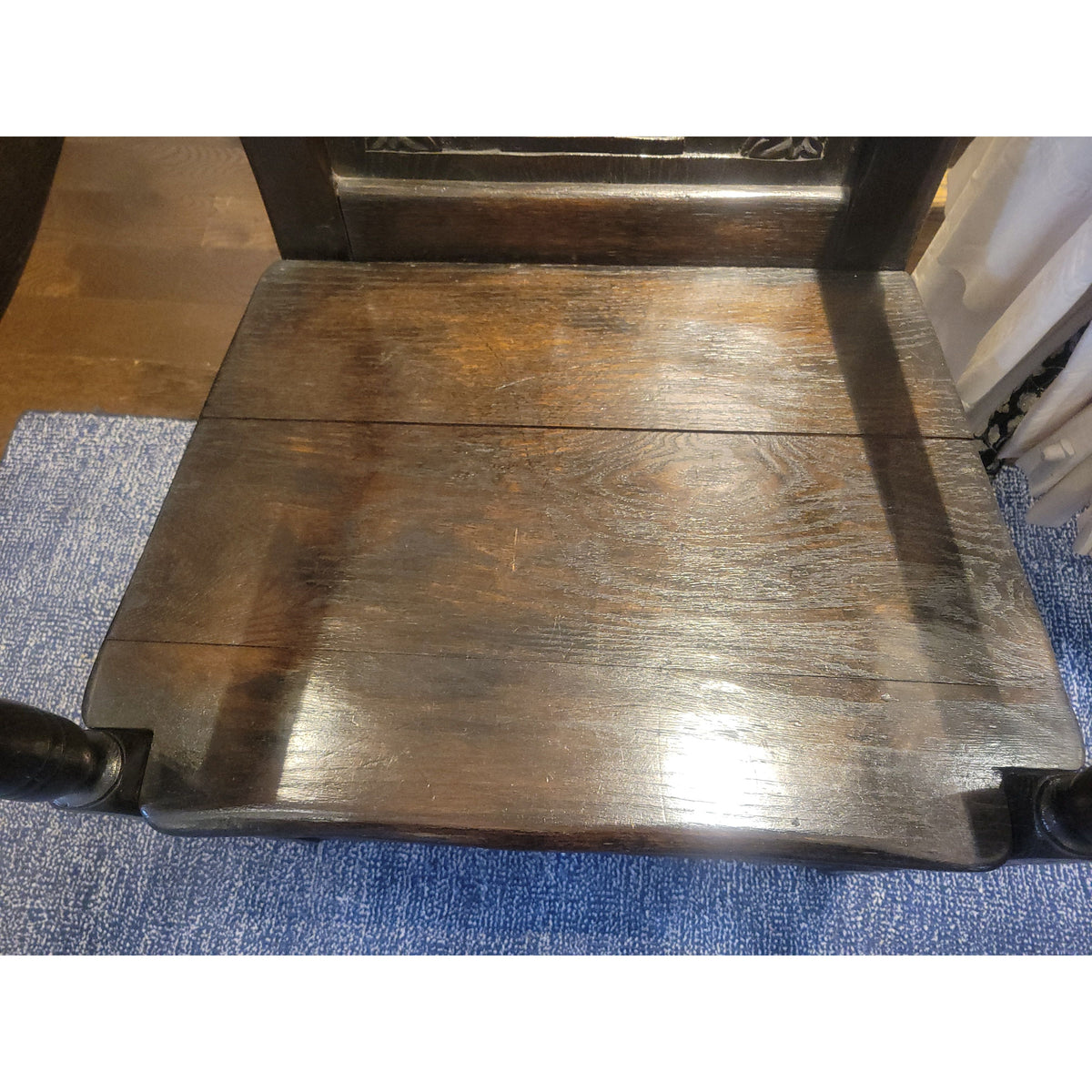 Antique Dark Wood Wainscot Arm Chair w/ Cushion