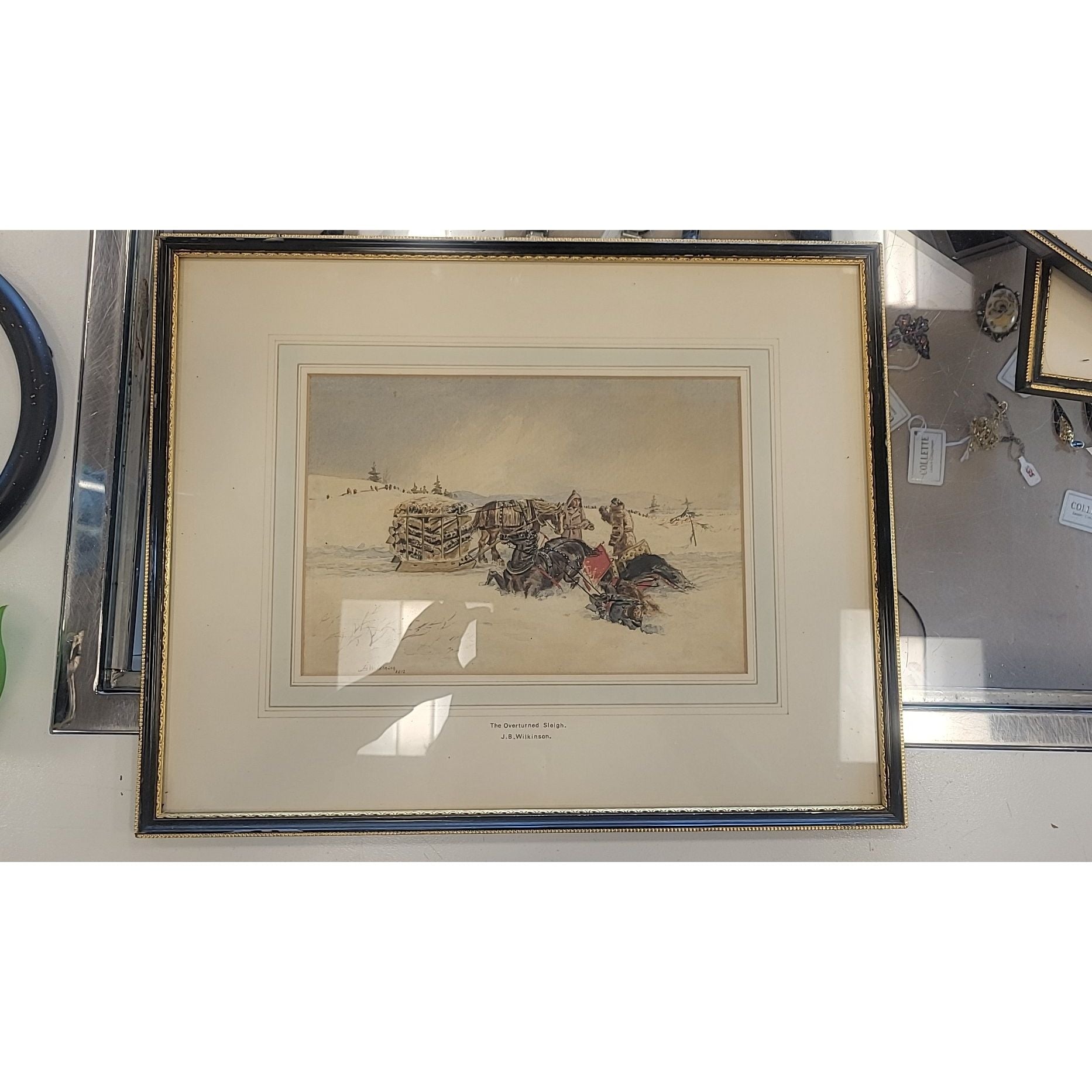 'The Overturned Sleigh' 1872 Watercolor Painting by J.B. Wilkinson in Frame