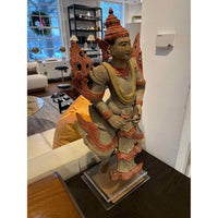 Pair of Antique Carved Polychrome Burmese Dancers w/ COA, 30"H x12"L x 9"W