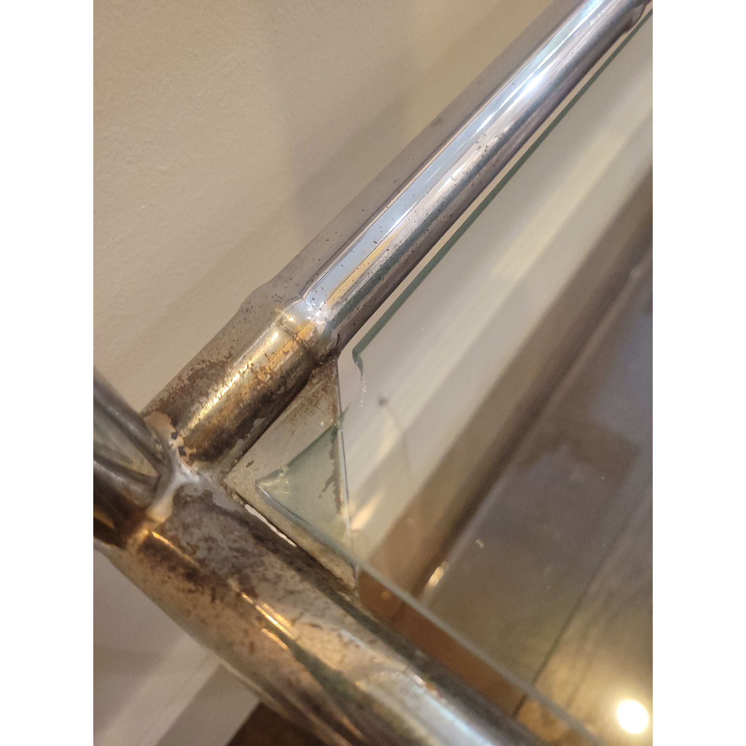 1970s Chrome Bamboo Style Console Table w/ Clear Glass Shelf & Smoky Top (As Is)