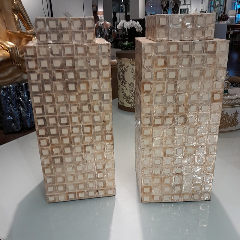 Pair of Mother of Pearl Square Cannisters w/Lids, 14"Hx6.5"Sq