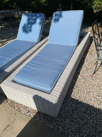 PAIR of White Wicker Chaise Lounges w/ Blue Cushions by Frontgate (AS IS)